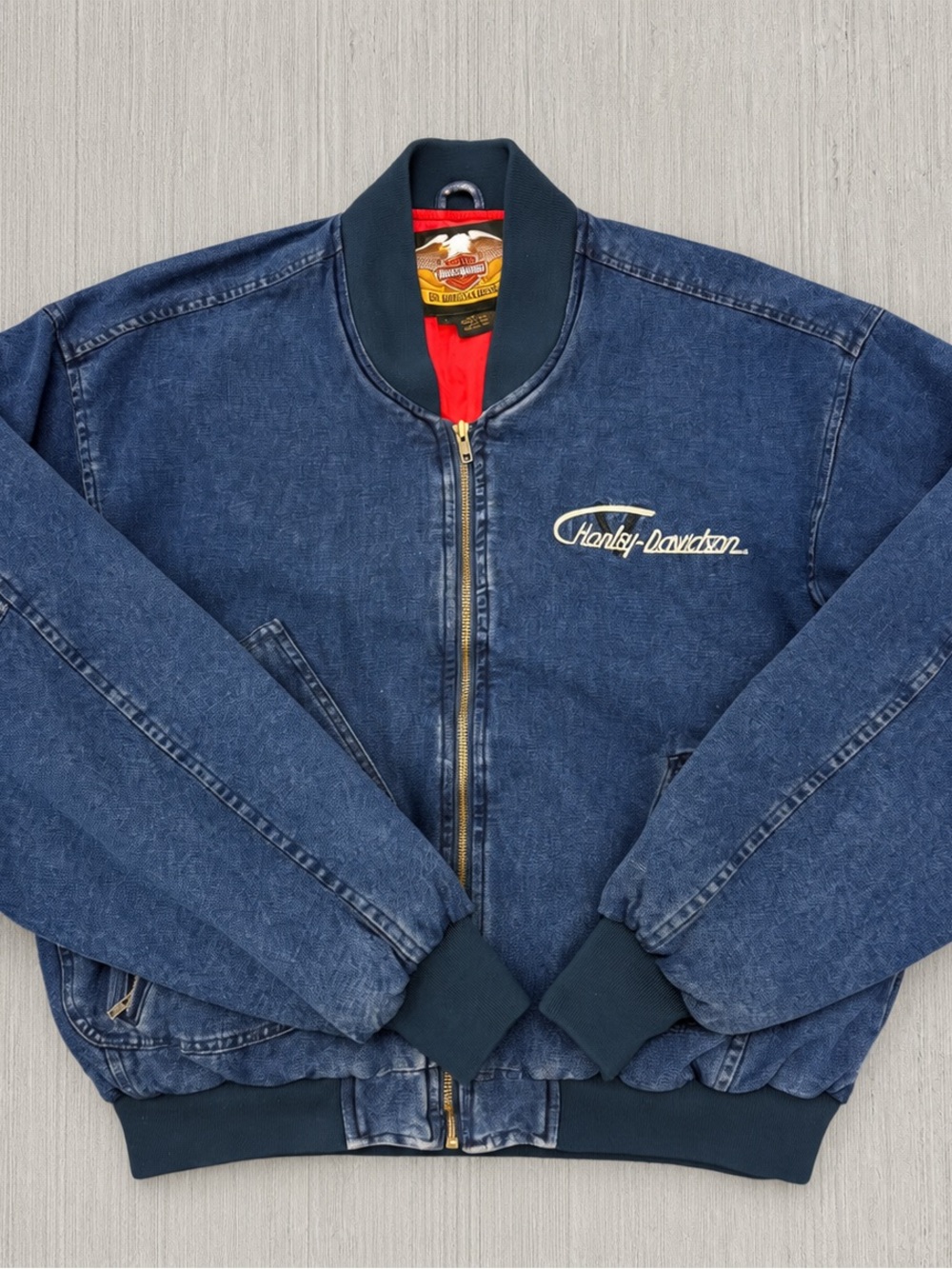 Harley Davidson Blue Denim Motorcycle Bomber V-Twin Power Jacket men’s size Larg